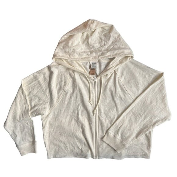 Victoria's Secret Pink Lounge Slub Cotton Full Zip Hoodie Cream Ivory Pockets XL - Picture 2 of 7